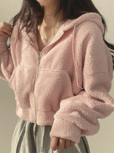 Short Cashmere Hooded Outwear Womens Small Autumn and Winter Fleece-lined Thickened Fashionable All-Matching Cardigan Zipper Tops