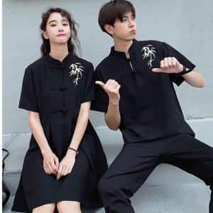 New Chinese Style Couple Wear Han Chinese Clothing Frog Button Short Sleeve Printed All-Matching Womens Improved Stand Collar Dress Student Class Clothes