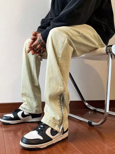 American High Street Vibe Retro Zipper Jeans Mens Autumn Oversize Slit Design Slimming Micro Flared Pants Straight Tube