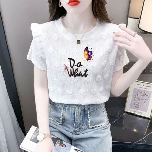 เสื้อยืดคอกลมแขนสั้นผู้หญิง ทรงหลวม ทรงเข้ารูป ดีไซน์ใหม่ ฤดูร้อน 2025 เสื้อตัวบนแฟชั่นลำลอง ผ้าโพลีเอสเตอร์ 100%