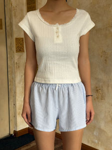 Áo Thun Tay Ngắn Ôm Vừa Vặn VintageTang Phong Cách Mỹ Cổ Điển Màu Trắng Viền Ren Ngắn Cho Nữ Mùa Hè Thường Ngày