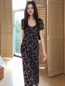 SUSIEYUAN | Đầm Maxi Mùa Hè In Hoa Đen Ôm Sát