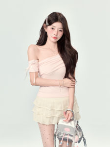 Sweety Asymmetric Shoulder Short Sleeve T-Shirt Womens Slim Fit Summer New Style Exposing One Shoulder Commute Korean Style