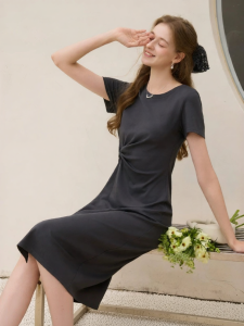 XIANGYING | High-end Grey Round Neck Short Sleeve Waist Accentuating Dress