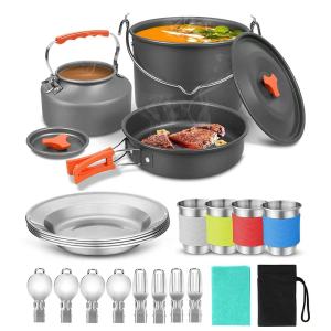 4-5 person aluminum outdoor camping cookware set with mesh bag folding cookware camping kitchen cooking teapot and pot equipment