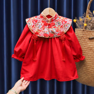 Fashionable Cute Girls Velvet Padded Dress Autumn and Winter Baby One Year Old Celebration Dress Fashionable Princess Chinese Style New Year Greeting