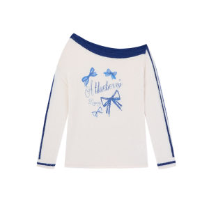 Slanted Shoulder Bow Design Cute Lazy Style Knitted Sweater White