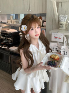 Summer White Butterfly Knot Neck Hanging Silk Square Waist Cinched Sleeveless Cake Skirt Womens Dress Holiday Style Standard Fit