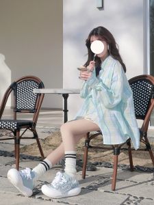 Summer Loose Long Sleeve Plaid Sun Protection Coat Lazy Design Mint Wave Style Clothing Korean Style Commute Thin Shirt