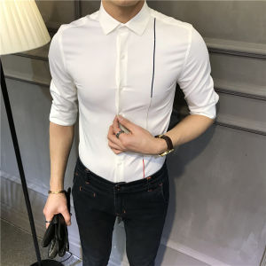 Iron-Free Short Sleeve Mens Shirt Slim Fit Mid-Sleeve British Style Fashionable Youthful Stripe Pattern Summer Casual Shirt