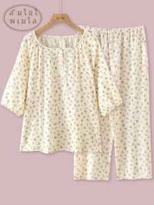 Spring and Summer Thin Pure Cotton Bubble Cotton Cloth Pullover Sweet Floral 3/4 Sleeve Cropped Pants Home Wear Pajamas Sets Women