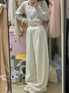 White Fleece Lined Loose Casual Pants Womens High Waist Wide Leg Long Trousers Spring Autumn Comfortable Straight Cut Jeans