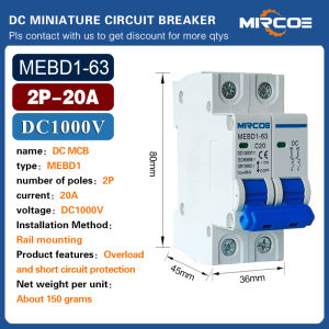 MIRCOE 2P DC 1000V MCB Solar Mini Circuit Breaker Battery Switch 16A 20A 32A 63A for PV System