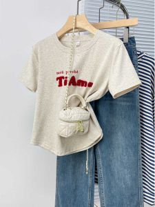 Slimming Effect Short T-Shirt Letter Embroidery Short Sleeve Womens Fashion Korean Style Cotton Blend Summer Top