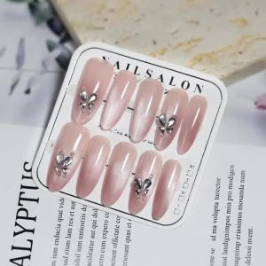 10pcs Snowflake Design White Cat Eye Full Cover Press-on Nails Butterfly Decorated Glitter Rhinestone Removable False Nails Tips