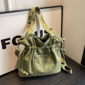 Azzo Mei Denim Large Capacity Tote Bag Womens New 2024 Fashion Versatile Single Shoulder Crossbody Bucket Bag with Drawstring