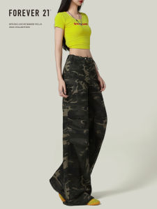 กางเกงขายาวทรงหลวมเอวสูงลายพรางสไตล์สตรีทสำหรับผู้หญิง กางเกงขายาวทรงตรงลำลอง กระเป๋า กางเกงขายาวทรงหลวม