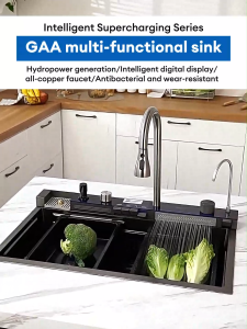 GAA Modern Smart Kitchen Sink Faucet Lababo 304 Stainlessl Steel Piano Sink Set Double Waterfall Sink