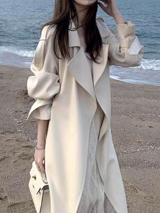 Elegant Korean Style Khaki Womens Coat Long Sleeve Suit Collar Thin Material Pocket Detail Commute Fashion Spring Autumn