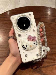Honor MagicV3 Phone Case Luxury Pearl Rhinestone Cartoon Cat Design Full Cover Protection against Drops High-End Fashion Leather Shell