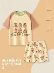 MiiOW | ชุดนอนเด็กผ้าฝ้ายบางฤดูร้อน MiiOW คอกลมแขนสั้นลายการ์ตูนน่ารักสำหรับเด็กชาย ชุดอยู่บ้านสบายๆ ระบายอากาศได้ดี