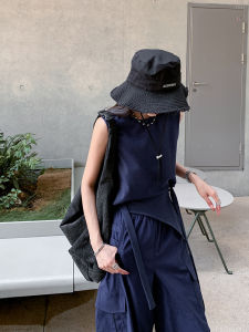 Original Designer Unique Uneven Blue T-Shirt Womens Summer Short Sleeve Knot Top Straight Tube Cotton Pure Color Sweet Cool