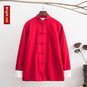 Pure Cotton Long Sleeve Mens Tang Suit Chinese Style Clothing Spring Autumn Casual Loose Fit Hanfu Jushi Outerwear Coat