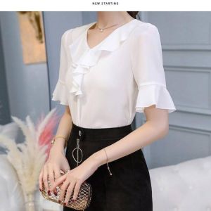 Áo Sơ Mi Chiffon Tay Ngắn Mùa Hè Phong Cách Hàn Quốc Cổ Chữ V Ôm Vừa Vặn Thường Ngày Đa Năng Cỡ Lớn Tay Áo Ống Dài Thời Trang