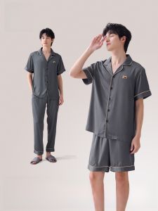 MiiOW | Catman Summer Sleepwear Ice Silk Loose Casual Short Sleeve Three Piece Set Mens Home Clothes Comfortable Breathable Lightweight