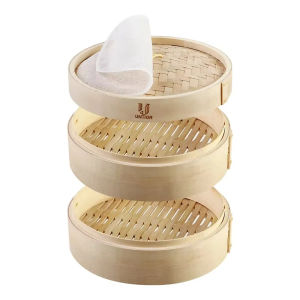 10-Inch Bamboo Food Steamer with Lid - 100% Natural Bamboo - Basket Steamers for Cooking Dumplings Dim Sum Veggies Fish Meat