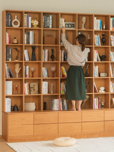 Nordic Solid Wood Bookshelf Oak Integrated Entire Wall Storage Display Cabinet Living Room Cherrywood Wall-to-Wall Floor Bookcase Customization