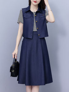 Hong Kong Style Plus Size Ladies Plus Size Womens Clothing Fried Street Western Style Youthful-Looking Fashion Denim Waistcoat Dress Two-piece Set Summer Suit