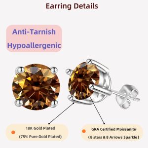 LAMVOICE Jewelry for Women/Stud Earrings with 0.2-4 Carat Coffee Moissanite Hypoallergenic Earrings Christmas Gift for Women
