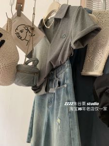 Áo Thun Tay Ngắn Thêu Khủng Long Thời Trang Mùa Hè Cho Nữ Cổ Polo Vai Thường Chất Liệu Khác 100%