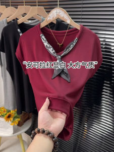 Ankela Red Design Sense Silk Scarf V-neck Short Sleeve T-shirt Womens Fashionable Age-defying Summer New Style Trendy Top