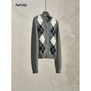 PAFUQI | Bộ Áo Cardigan Knit Hình Thoi Màu Nổi Cổ Điển
