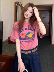 BINKAFENNY | Large Size Womens Pink Fruit Letter Print Short Sleeve T-Shirt Summer Loose Slimming Beautiful Top Korean Style Commute Fashion