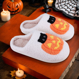 Home Thick-Soled Comfortable Plush Slippers with Pumpkin Cat Pattern Cute Warm Non-Slip Indoor Slippers Slip-On House Shoe Gifts