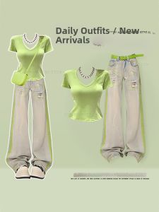 NUMEN BUTTON | Dopamine Short Sleeve Slimming Denim Outfit