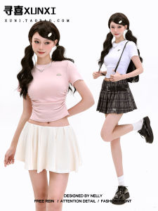 Xunxi Womens Short Sleeve T-Shirt Waist Cinched Pleated Summer Slim Fit Unique Style Commute Korean Version round Neck Top