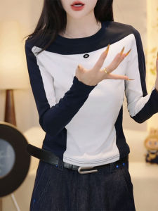 Designer High Waist Color Block Long Sleeve Base Shirt T-Shirt Slimming Womens Fashion Autumn Collection by Xiangdou