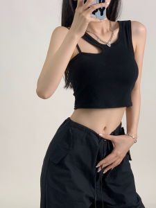 Black Irregular Strapless Vest Women Summer Spicy Outerwear Sports Sleeveless Top with Chest Pad Fashionable Commute Style