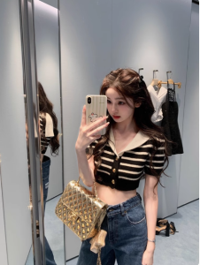 Summer Thin Short Sleeve Navy Collar Striped Knitwear Sweet And Spicy Style Slim Fit T-Shirt Casual Button up Female Top