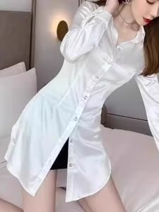 Elegant White Long Sleeve Mid-Length Silk Shirt Women Summer New Style POLO Collar Slim Fashion Bright Smooth Blouse