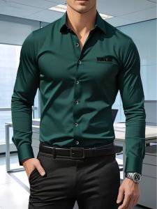 Mens Premium Business Casual Shirt Word Logo Print Slim Fit Long Sleeve Wrinkle Resistant Dress Shirt Multi Styles Available