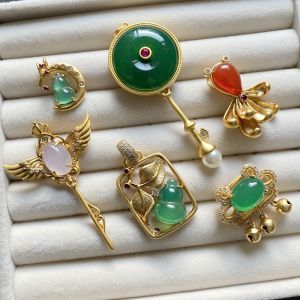 Autumn Home High Quality Retro Natural High Ice Agate 24K Gold Plated Gourd Fish Lucky Lock Necklace Pendant Fashion Jewelry