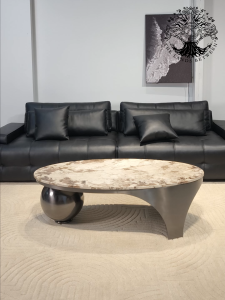 Bàn trà sofa bàn phòng khách bàn cafe nhập khẩu Parabol đá Elip ceramic Inox cao cấp bi tròn