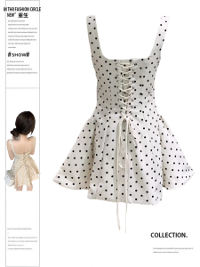 Váy Ngắn Chữ a Họa Tiết Chấm Bi Ngọt Ngào Kiểu Pháp Cho Nữ Mùa Hè Mới Thắt Eo Thon Gọn Váy Ngắn Không Tay