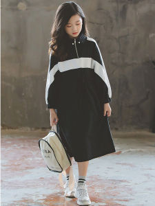 Long Casual Sweatshirt Dress for Girls Warm over Knee Fashionable Spring Autumn Korean Style A-Line Skirt Cotton 100%