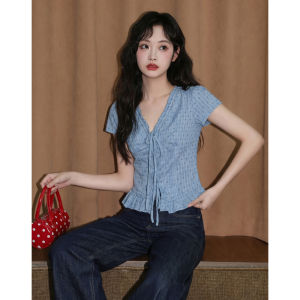 ZISUO | Blue Polka Dot V-Neck Short Sleeve Ruffled Tie-Up Blouse